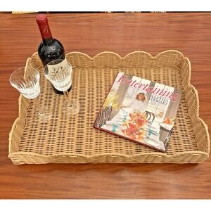 Large 24x16 Ottoman Coffee Table Tray Basket Scalloped Coastal Preppy Cottage